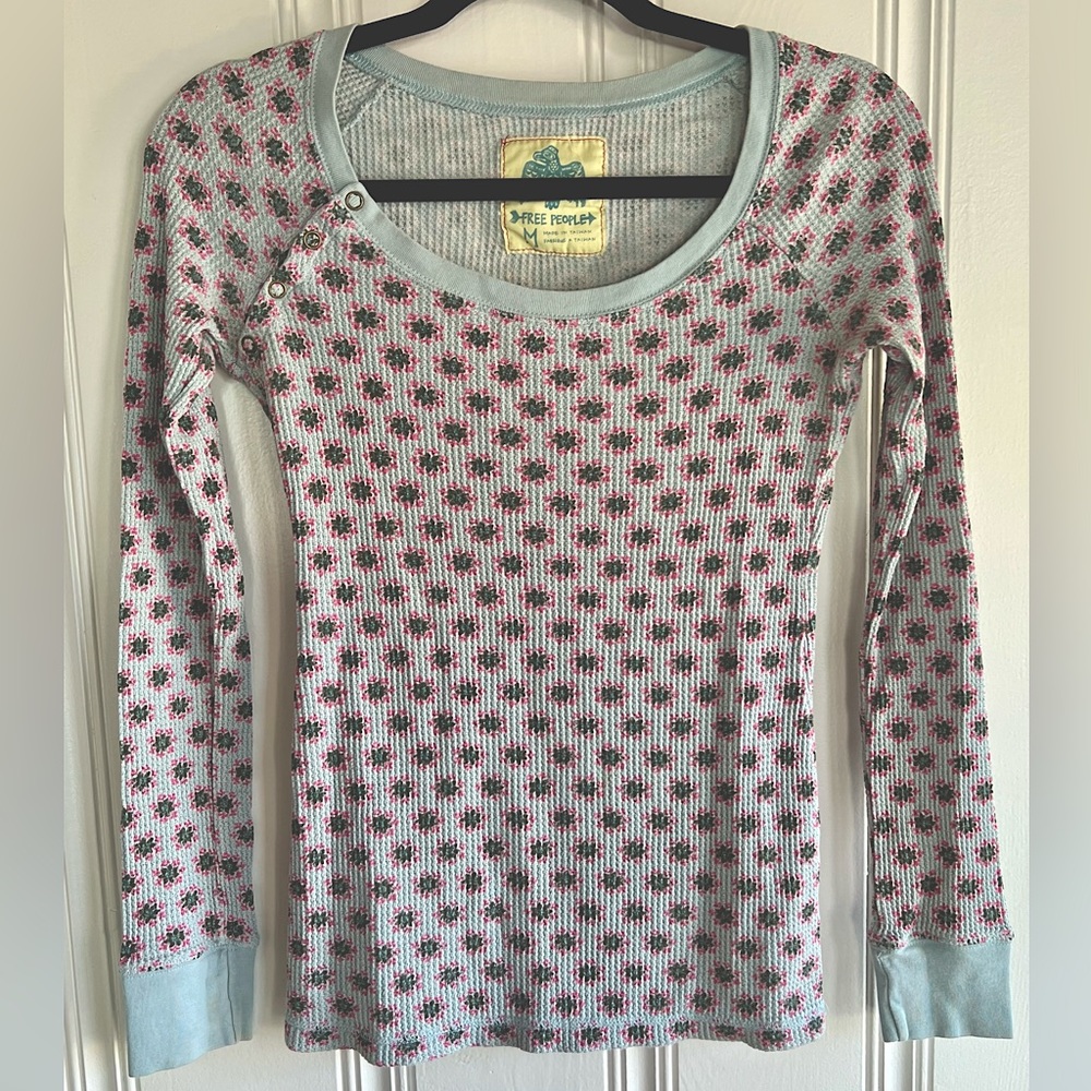 Free People Boho Long Sleeve Waffle Knit Thermal Shirt with Button Detail